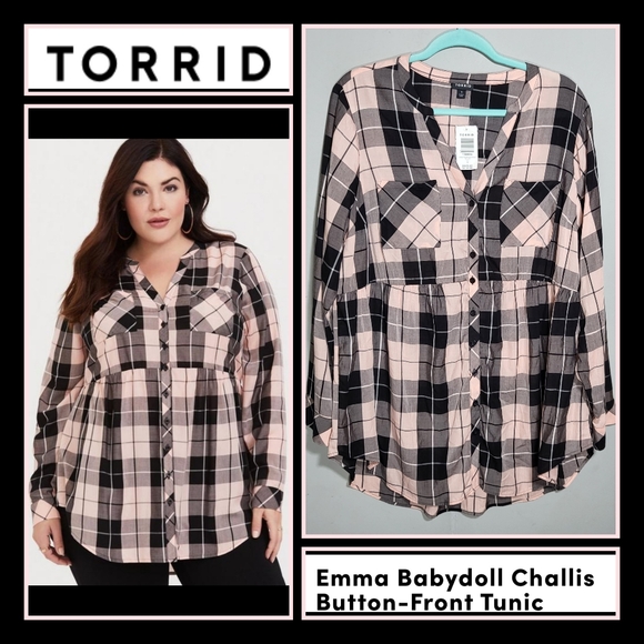 torrid Tops - NWT TORRID Top | Size 1X | Babydoll Tunic | Pale Light Pink and Black Plaid